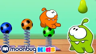 Cut The Rope - Om Nom jumps on color footballs | ABC 123 Moonbug Kids | Fun Cartoons | Learning