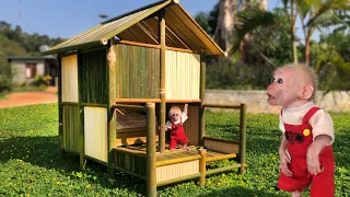 Baby monkey Bon surprised when Dad made bamboo house very beautiful