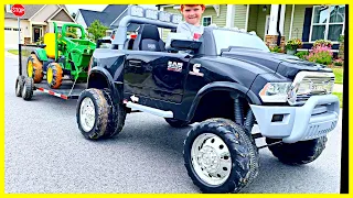 Kid Towing Powered Ride on Tractor with Power Wheels Truck and Custom Gooseneck Trailer