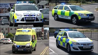 Northamptonshire Police cars and East Midlands Ambulances responding