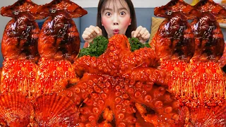 [Mukbang ASMR] Braised Octopus 🐙 Calamari Enoki Mushroom Spicy Seafood Recipe Eatingshow Ssoyoung