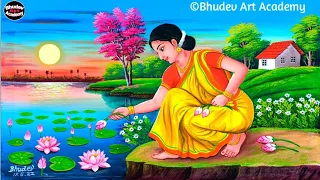 Indian Village Women Painting|Riverside Sunset Scenery Painting Tutorial With Earthwatercolor