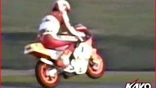 Kenny Roberts Sr. , Eddie Lawson , Wayne Rainey and John Kocinski riding MiniGP bikes at KR's Ranch