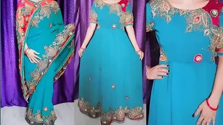 anarkali gown cutting and stitching // heavy saree reuse//party wear gown design