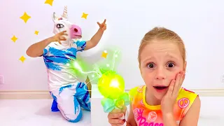 Nastya and dad in her new room with a unicorn