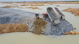 Activities Stunning Build Road In deep pit By Power Bulldozer and Dump Truck Spreading Stone