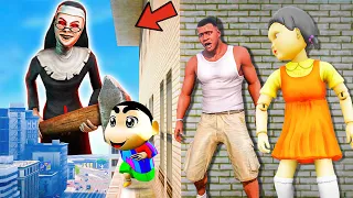 Franklin and Shinchan & EVIL NUN play HIDE AND KILL with Squid Game Doll In GTA 5