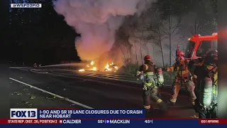 Fiery crash leads to I-90 and SR 18 lane closures near Hobart | FOX 13 Seattle