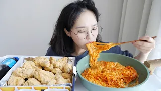 Cheese Snowing chicken & Fire noodles Real sound Mukbang _ Lethargic day, I eat these all :D