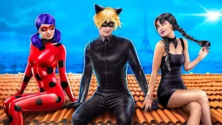 Miraculous Ladybug e Cat Noir na Vida Real! Wandinha Addams Roubou o Namorado da Ladybug!