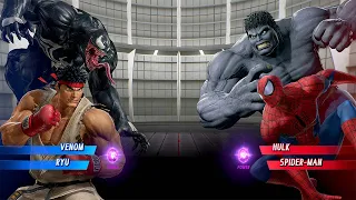 Venom & Ryu vs Spiderman & Grey Hulk (Very Hard) - Marvel vs Capcom | 4K UHD Gameplay