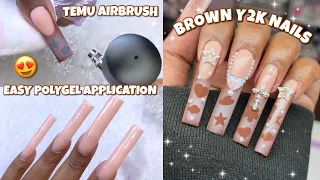 BROWN Y2K AESTHETIC AIRBRUSH NAILS | TRYING MY TEMU AIRBRUSH SYSTEM | EASY POLYGEL APPLICATION