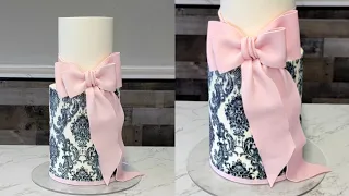 Baroque Scroll Stencil Cake with Trending Edible Flexible Flower Paste Bow |Cake Decorating Tutorial