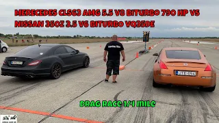 MERECEDES CLS63 AMG 5.5 V8 BiTurbo 790 HP vs NISSAN 350Z 3.5 V6 BiTURBO VQ35DE drag race 1/4 mile🚦🚗