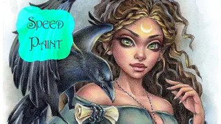 Enchantress - watercolor & colored pencils SPEED PAINT coloring illustration by Christine Karron