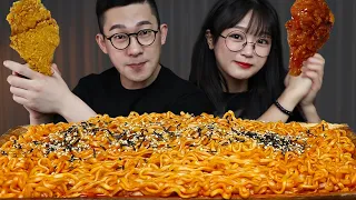 ASMR | SUB | 🔥SPICY CHICKEN NOODLES & FRIED CHICKEN MUKBANG with GOOD FRIEND | EATING SOUNDS