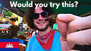 Trying Fried CRICKETS and HAPPY Pizza | Cambodia food vlog