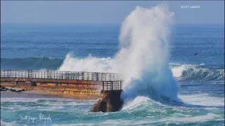 Powerful waves damage the seawall at the Children's Pool in La Jolla