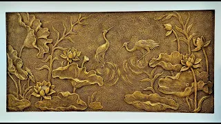 Steps to make a relief sculpture of lotus and crane with cement, imitation bronze paint