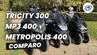 Comparo scooters 3 roues : Peugeot Métropolis 400 GT vs Piaggio MP3 400 vs Yamaha Tricity 300