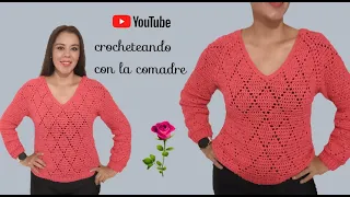 ⭐✔como tejer suéter puntada rombos a crochet cuello en V fácil y rápido