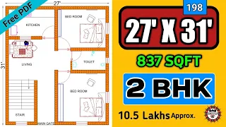 27 x 31 house plan with interior and detials size II 2Bhk house Plan II Plan:198