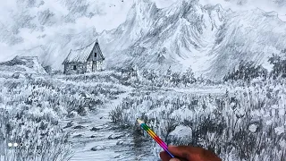 Landscape drawing with simple pencil،☘️Simple and elegant way of landscape drawing