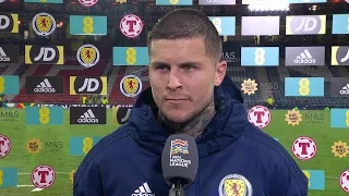 Scotland's Lyndon Dykes reacts to UEFA Nations League win over Ukraine and his two goals