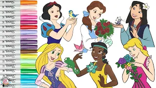 Disney Princess Coloring Book Compilation Tiana Cinderella Belle Rapunzel Mulan Ariel Snow White