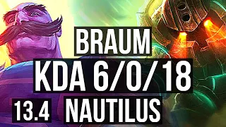 BRAUM & Zeri vs NAUTILUS & Karthus (SUP) | 6/0/18, Rank 4 Braum, Dominating | EUW Challenger | 13.4