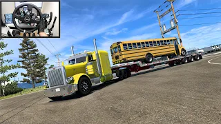 School Bus Transport with a Straight-Piped Peterbilt 389 - American Truck Simulator - Moza R9 Setup