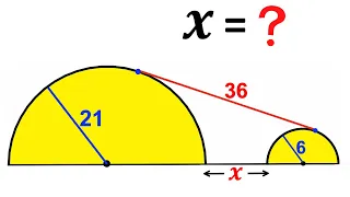 Can you find the distance X between two semicircles?  | Radii of semicircles are 21 and 6