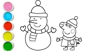 peppa pig with snowman☃️ drawing and coloring for kids and toddlers || easy peppa pig drawing