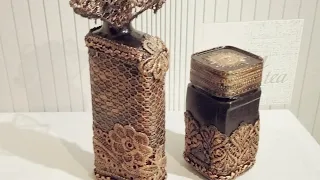 Декор кружевом стеклянной бутылки и кофейной банки.Оригинальный подарок своими руками.