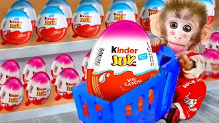 🐵Adorable Baby Monkey Bi Bon go to the supermarket to buy Kinder Joy Eggs Milk Chocolates