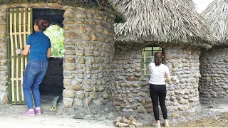 Alone women designed and built stone castle: weave bamboo to make door and windows