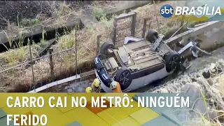 Carro capota e cai próximo aos trilhos do metrô em Águas Claras | SBT Brasília