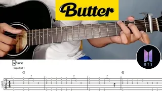 How to Play BUTTER (BTS) Guitar Tutorial/Lesson with Free Tab and Tabs on Screen-Beginners Level