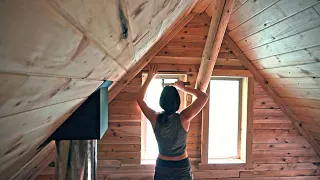 Building A Log Cabin | Ep. 59 | Our worst injury! Paneling the gable ends + Window framing and trim