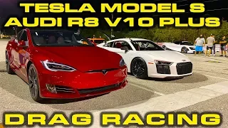 Tesla Model S Performance Raven vs Audi R8 V10 Plus Drag Racing 1/4 Mile