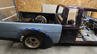 Test fitting the Clinched rear flares and Evil Energy fuel cell on the Nissan Hardbody.