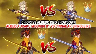 Albedo Uraku Misugiri R1 vs Cinnabar Spindle R5 DMG Comparison - Chiori vs Albedo DMG Showdown