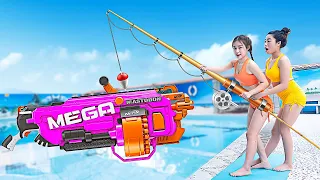 FISHING GETS LUCKY FLARES PRANK BATTLE Nerf Guns FUNNY BATTLE OVER LUCKY FLARES PVQ Nerf War