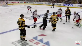 MUST SEE Brad Marchand Stomps And Breaks Cam Atkinson Stick During Face Off Boston Vs Columbus