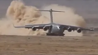 AMAZING USAF C 17 Hard Landing On A Dirt Strip