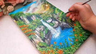 How to paint a beautiful Waterfall || acrylic painting step by step for beginners
