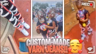 How To DIY THE VIRAL TIKTOK YARN 🧶 JEANS👖  #yarnkeans #yarnpants #yarn  #diy #virlvideo #diycraft