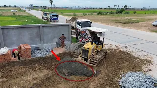 Amazing Bulldozer D20P Showing Driver Skill Pushing Soil refill with many dumps truck unloading Soil