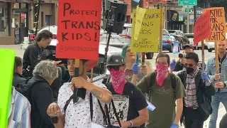 Transgender rights activists protest women's liberation group convention in SF