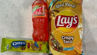 Oreo sour patch, lays crispy taco, Mountain Dew overdrive